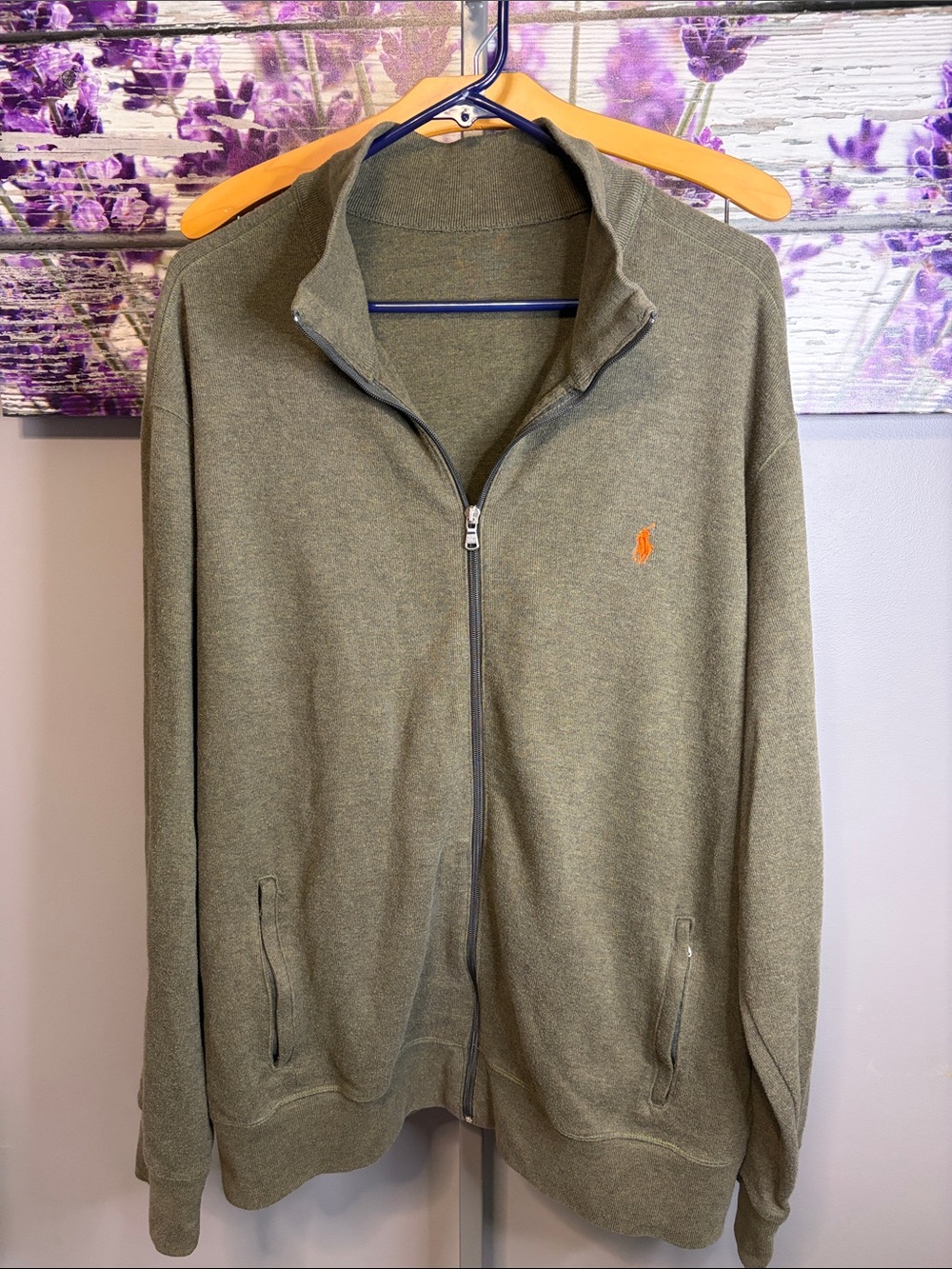 Ralph Lauren Olive Zip-Up Men's Sweater Jacket with Orange Polo Logo Full Zip